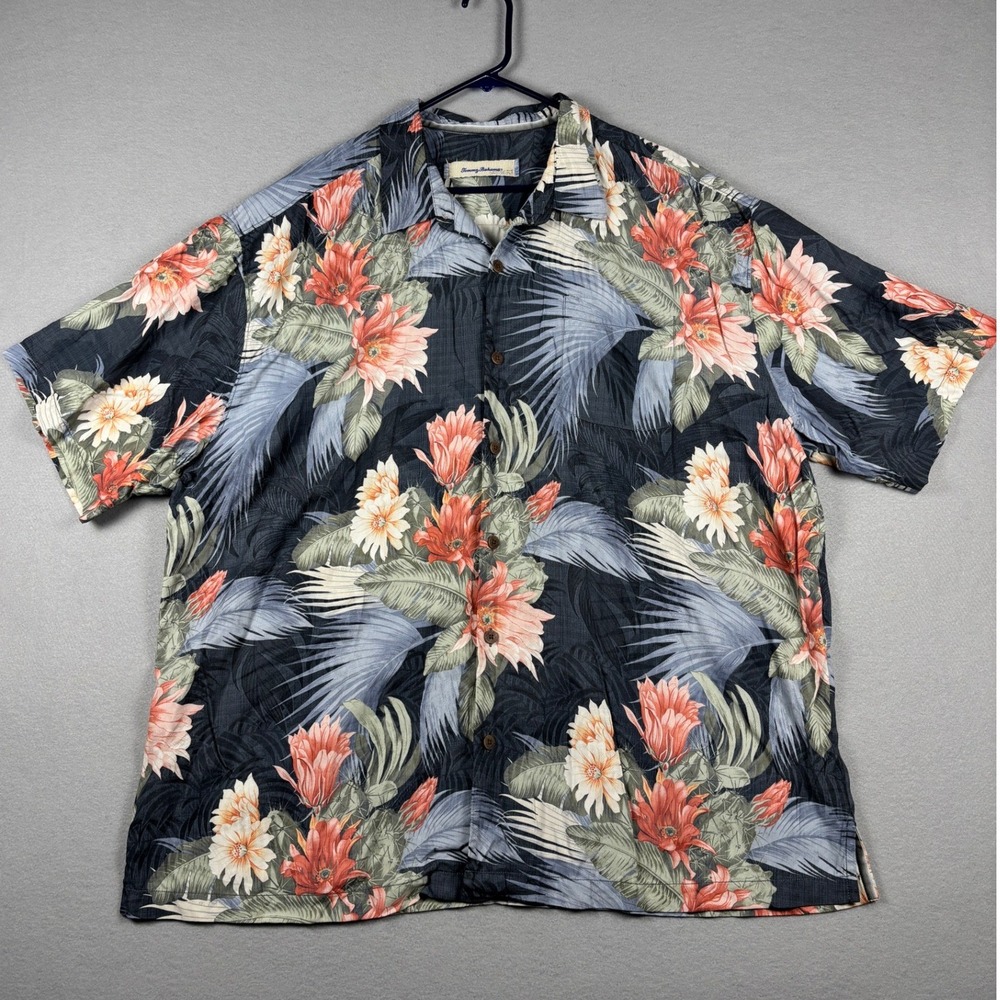 Tommy Bahama Silk Camp Shirt Tropical Floral Palm Print XXL Navy Blue SS